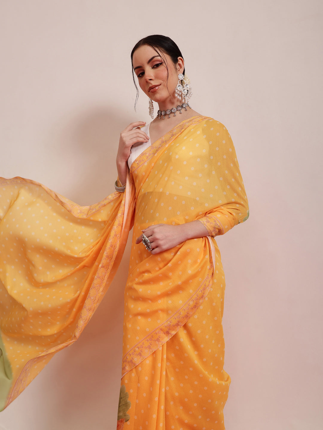 Hiral Fashion Mustard Bollywood Mul Cotton Polka Dots Digital Printed Saree | Grocsy