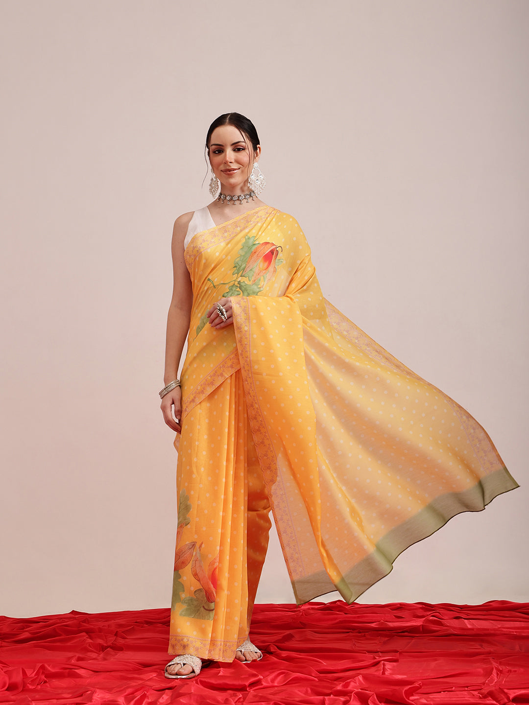 Hiral Fashion Mustard Bollywood Mul Cotton Polka Dots Digital Printed Saree | Grocsy
