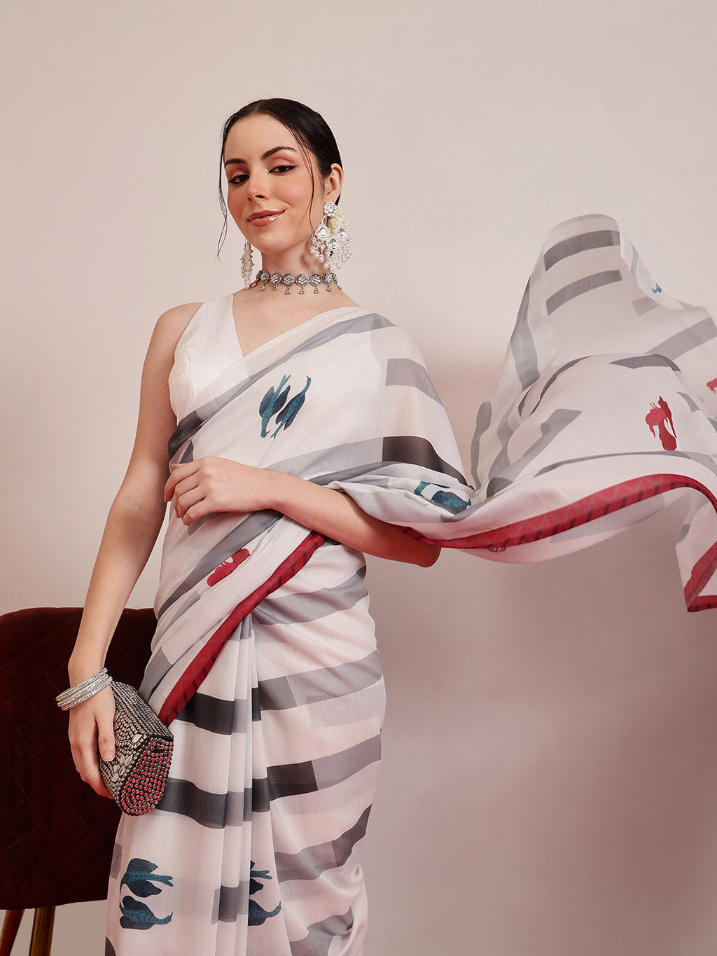 Hiral Fashion White Bollywood Mul Cotton Animal Print Digital Printed Saree | Grocsy