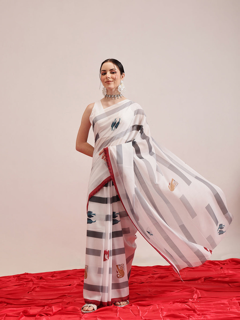 Hiral Fashion White Bollywood Mul Cotton Animal Print Digital Printed Saree | Grocsy