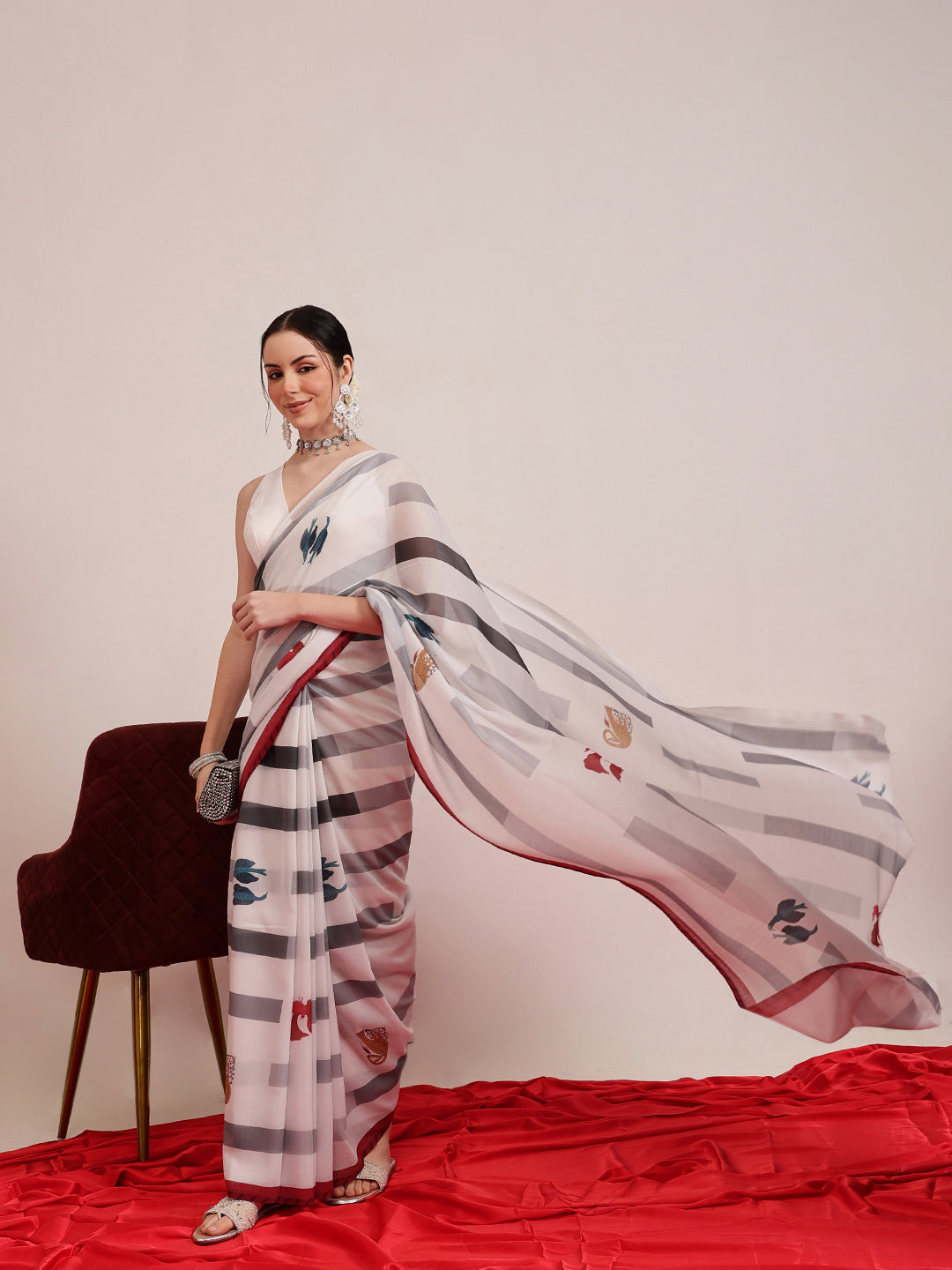 Hiral Fashion White Bollywood Mul Cotton Animal Print Digital Printed Saree | Grocsy