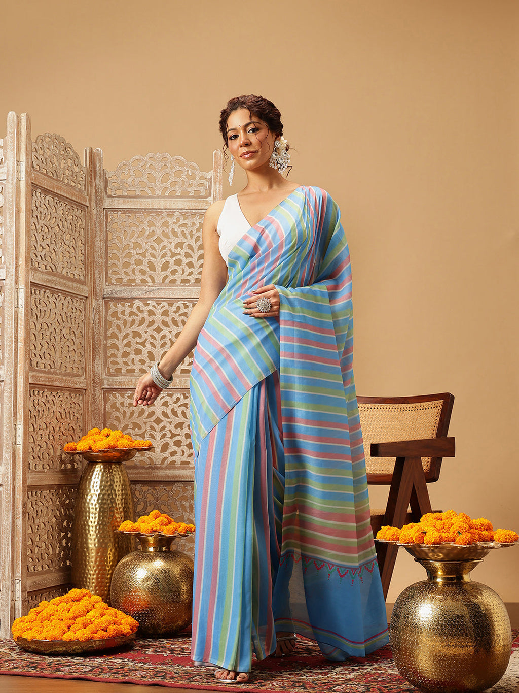 Hiral Fashion Blue Bollywood Mul Cotton Lahariya Digital Printed Saree | Grocsy