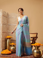 Hiral Fashion Blue Bollywood Mul Cotton Lahariya Digital Printed Saree | Grocsy
