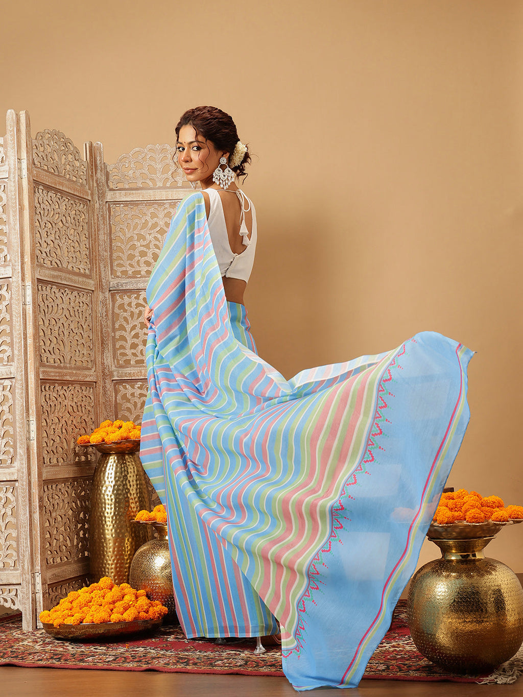 Hiral Fashion Blue Bollywood Mul Cotton Lahariya Digital Printed Saree | Grocsy