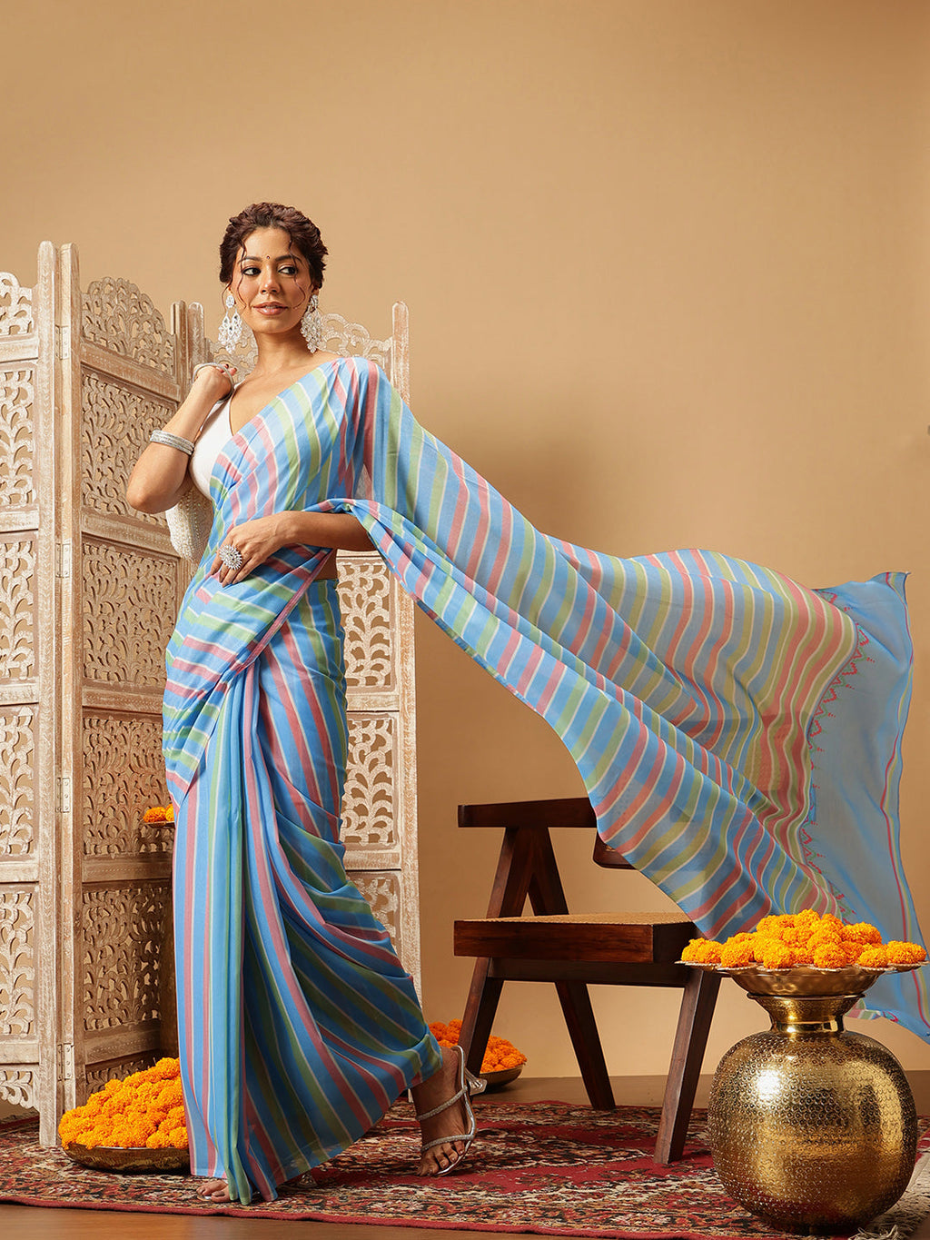 Hiral Fashion Blue Bollywood Mul Cotton Lahariya Digital Printed Saree | Grocsy