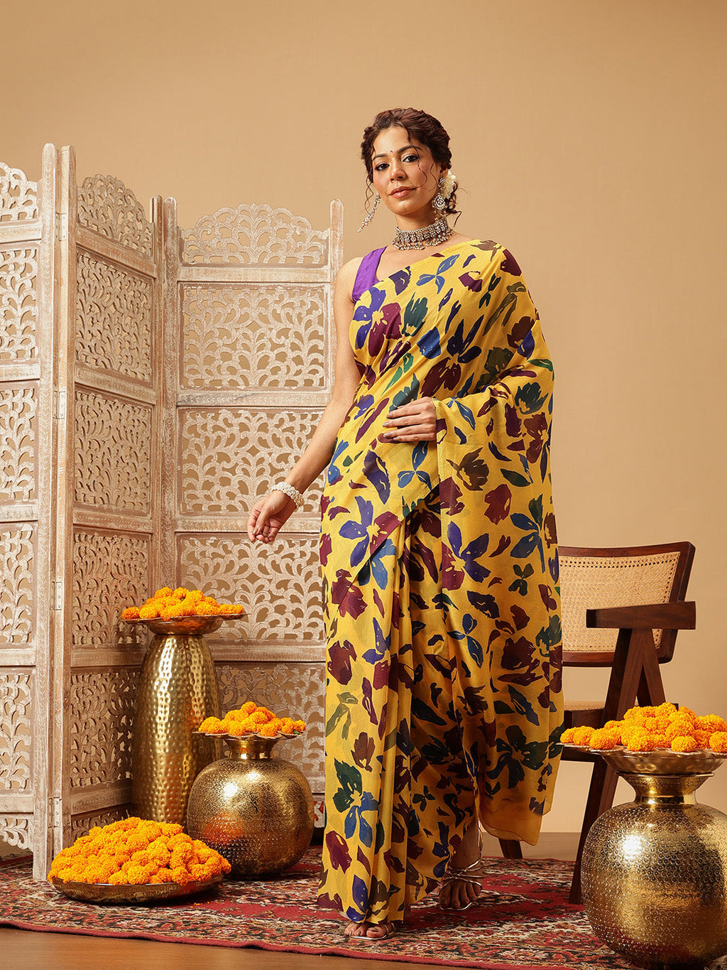Hiral Fashion Yellow Bollywood Mul Cotton Floral Digital Printed Saree | Grocsy