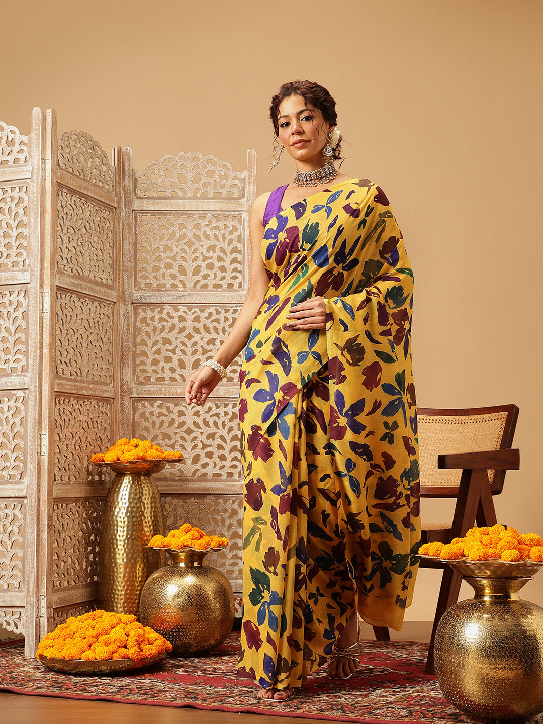 Hiral Fashion Yellow Bollywood Mul Cotton Floral Digital Printed Saree | Grocsy