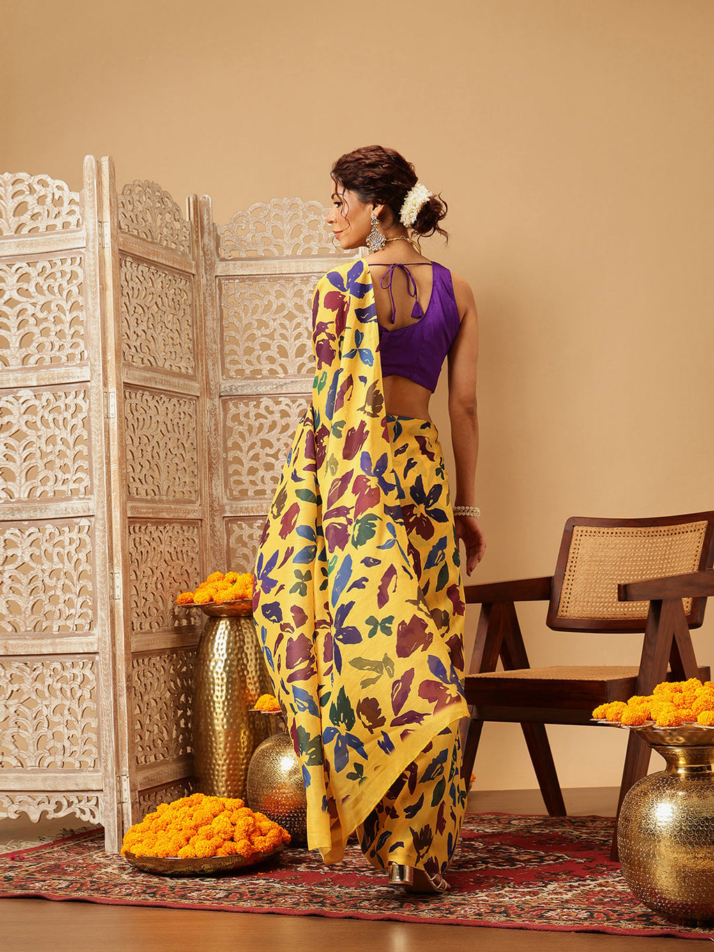 Hiral Fashion Yellow Bollywood Mul Cotton Floral Digital Printed Saree | Grocsy