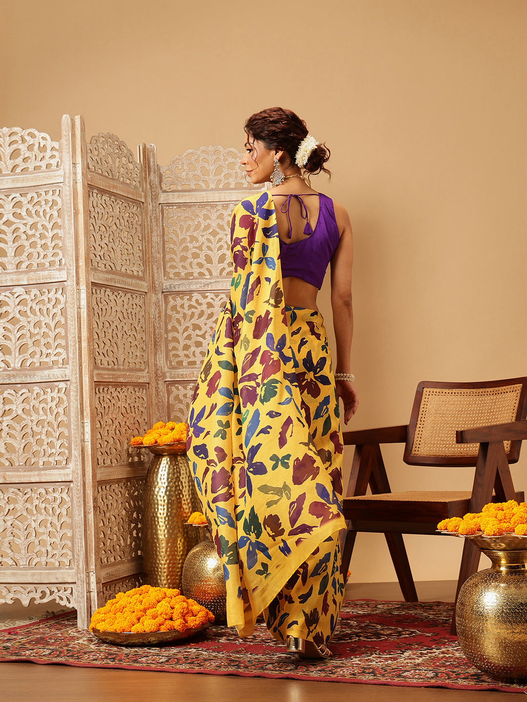 Hiral Fashion Yellow Bollywood Mul Cotton Floral Digital Printed Saree | Grocsy