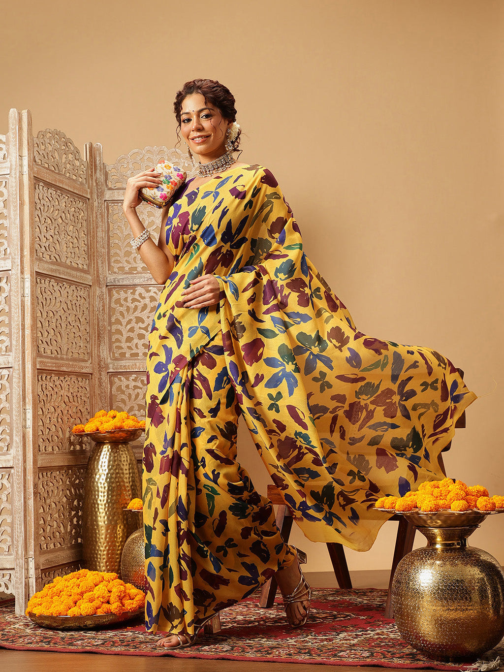 Hiral Fashion Yellow Bollywood Mul Cotton Floral Digital Printed Saree | Grocsy