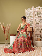 Green Silk Blend Digital Print Ikkat Saree with Unstitched Blouse - Hiral Fashion | Grocsy