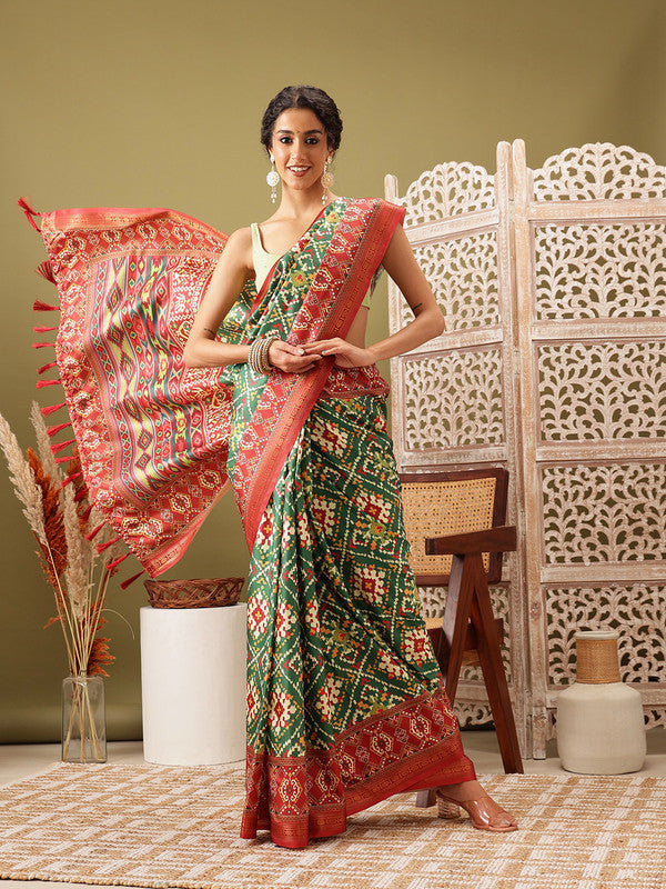 Green Silk Blend Digital Print Ikkat Saree with Unstitched Blouse - Hiral Fashion | Grocsy