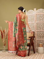 Green Silk Blend Digital Print Ikkat Saree with Unstitched Blouse - Hiral Fashion | Grocsy