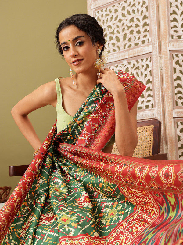 Green Silk Blend Digital Print Ikkat Saree with Unstitched Blouse - Hiral Fashion | Grocsy