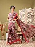 Olive Silk Blend Digital Print Ikkat Saree with Unstitched Blouse - Hiral Fashion | Grocsy