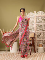 Olive Silk Blend Digital Print Ikkat Saree with Unstitched Blouse - Hiral Fashion | Grocsy