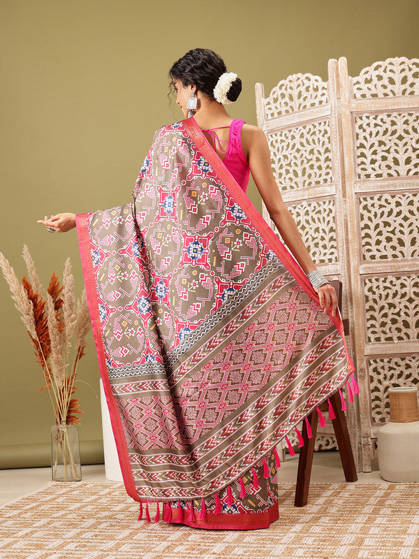 Olive Silk Blend Digital Print Ikkat Saree with Unstitched Blouse - Hiral Fashion | Grocsy