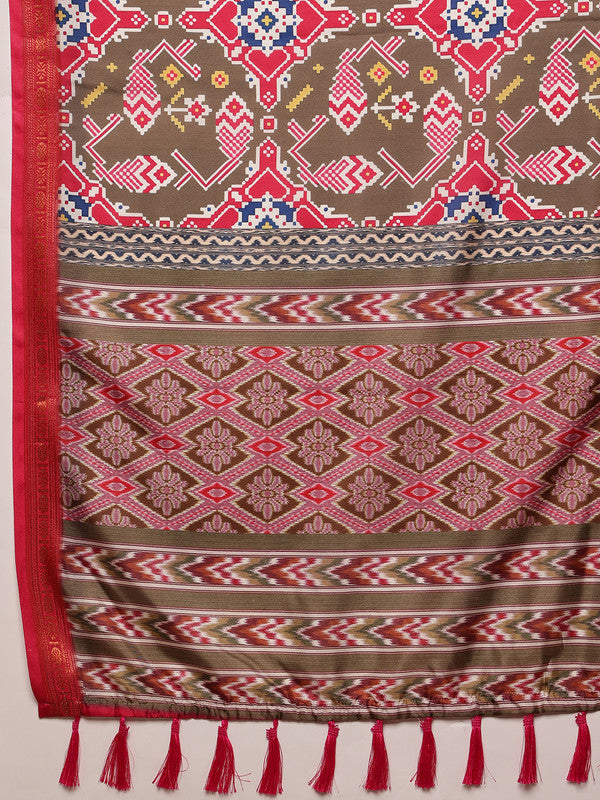 Olive Silk Blend Digital Print Ikkat Saree with Unstitched Blouse - Hiral Fashion | Grocsy