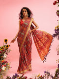 Maroon Silk Blend Digital Print Ikkat Saree with Unstitched Blouse - Hiral Fashion | Grocsy