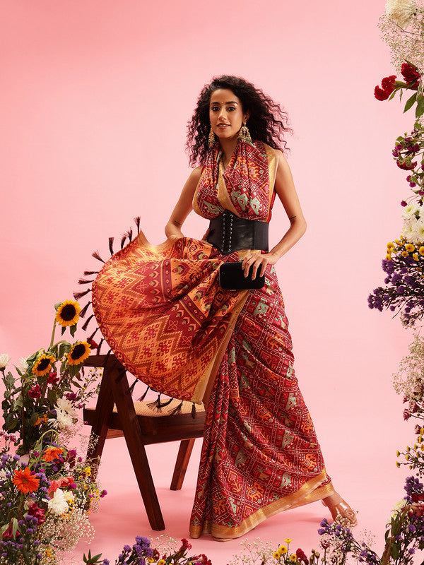 Maroon Silk Blend Digital Print Ikkat Saree with Unstitched Blouse - Hiral Fashion | Grocsy