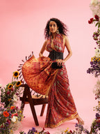 Maroon Silk Blend Digital Print Ikkat Saree with Unstitched Blouse - Hiral Fashion | Grocsy