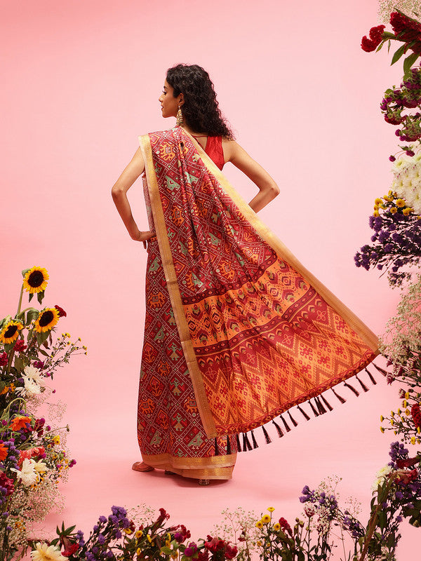 Maroon Silk Blend Digital Print Ikkat Saree with Unstitched Blouse - Hiral Fashion | Grocsy