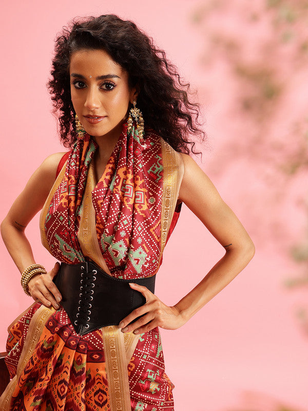 Maroon Silk Blend Digital Print Ikkat Saree with Unstitched Blouse - Hiral Fashion | Grocsy