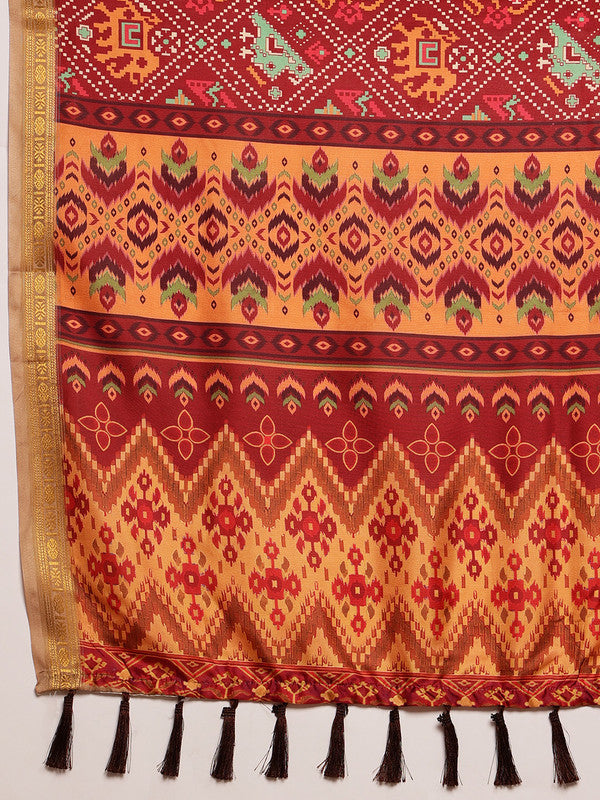 Maroon Silk Blend Digital Print Ikkat Saree with Unstitched Blouse - Hiral Fashion | Grocsy