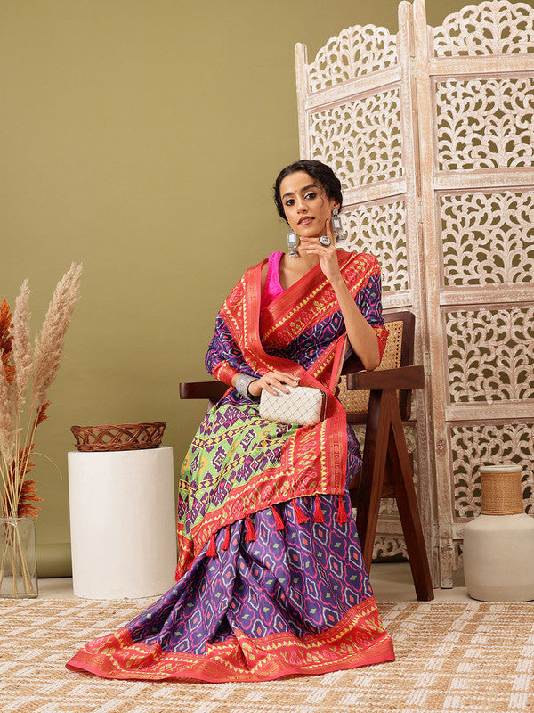 Royal Blue Silk Blend Digital Print Ikkat Saree with Unstitched Blouse - Hiral Fashion | Grocsy