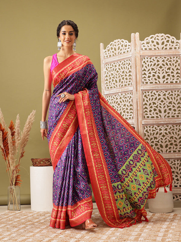 Royal Blue Silk Blend Digital Print Ikkat Saree with Unstitched Blouse - Hiral Fashion | Grocsy
