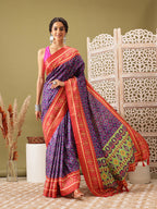 Royal Blue Silk Blend Digital Print Ikkat Saree with Unstitched Blouse - Hiral Fashion | Grocsy