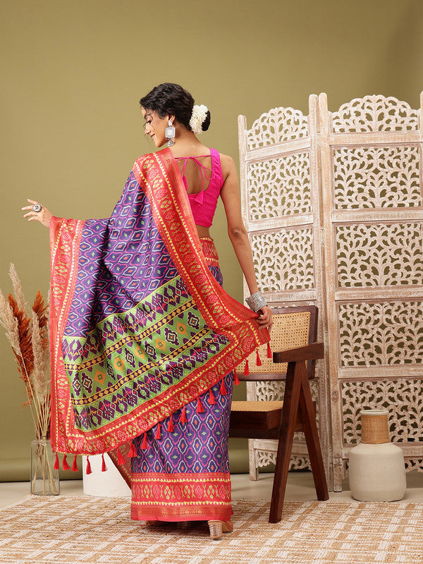 Royal Blue Silk Blend Digital Print Ikkat Saree with Unstitched Blouse - Hiral Fashion | Grocsy