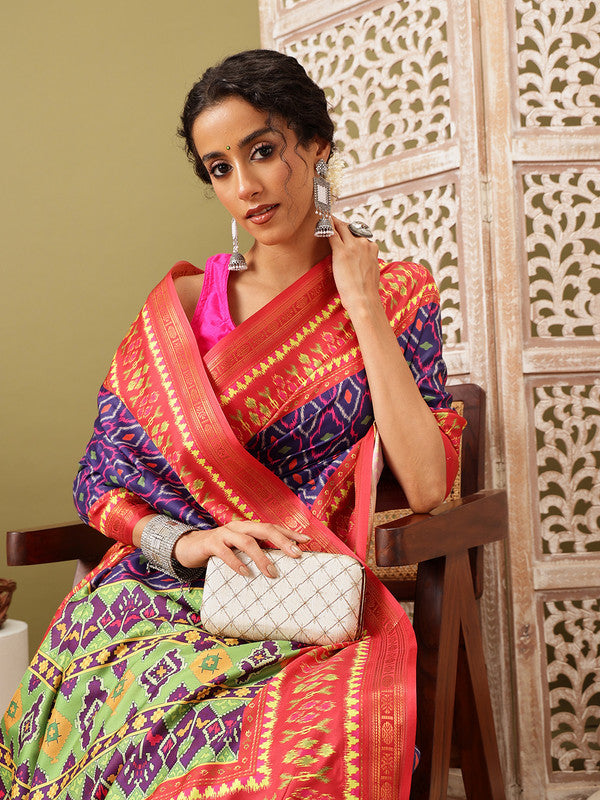 Royal Blue Silk Blend Digital Print Ikkat Saree with Unstitched Blouse - Hiral Fashion | Grocsy