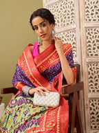 Royal Blue Silk Blend Digital Print Ikkat Saree with Unstitched Blouse - Hiral Fashion | Grocsy