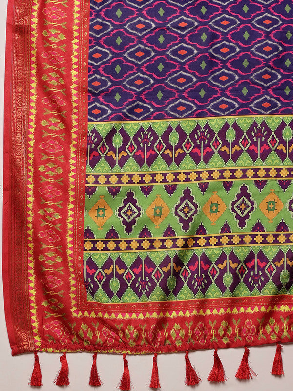 Royal Blue Silk Blend Digital Print Ikkat Saree with Unstitched Blouse - Hiral Fashion | Grocsy