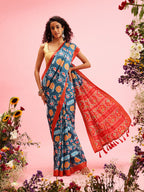 Turquoise Silk Blend Digital Print Ikkat Saree with Unstitched Blouse - Hiral Fashion | Grocsy