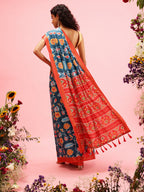 Turquoise Silk Blend Digital Print Ikkat Saree with Unstitched Blouse - Hiral Fashion | Grocsy