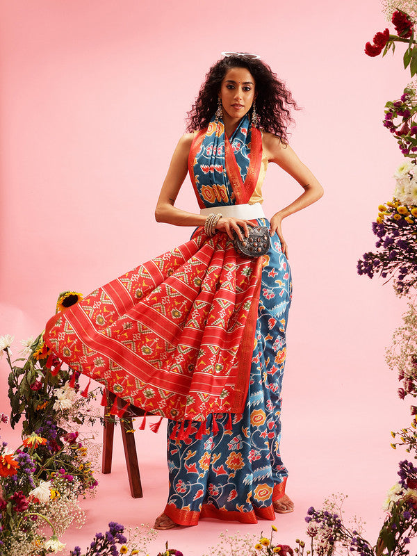 Turquoise Silk Blend Digital Print Ikkat Saree with Unstitched Blouse - Hiral Fashion | Grocsy