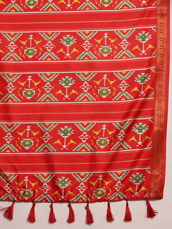 Turquoise Silk Blend Digital Print Ikkat Saree with Unstitched Blouse - Hiral Fashion | Grocsy