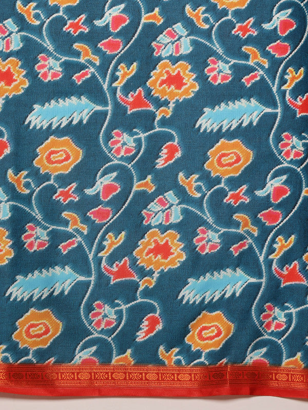 Turquoise Silk Blend Digital Print Ikkat Saree with Unstitched Blouse - Hiral Fashion | Grocsy