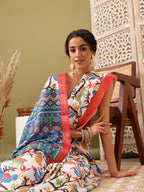 White Silk Blend Digital Print Ikkat Saree with Unstitched Blouse - Hiral Fashion | Grocsy