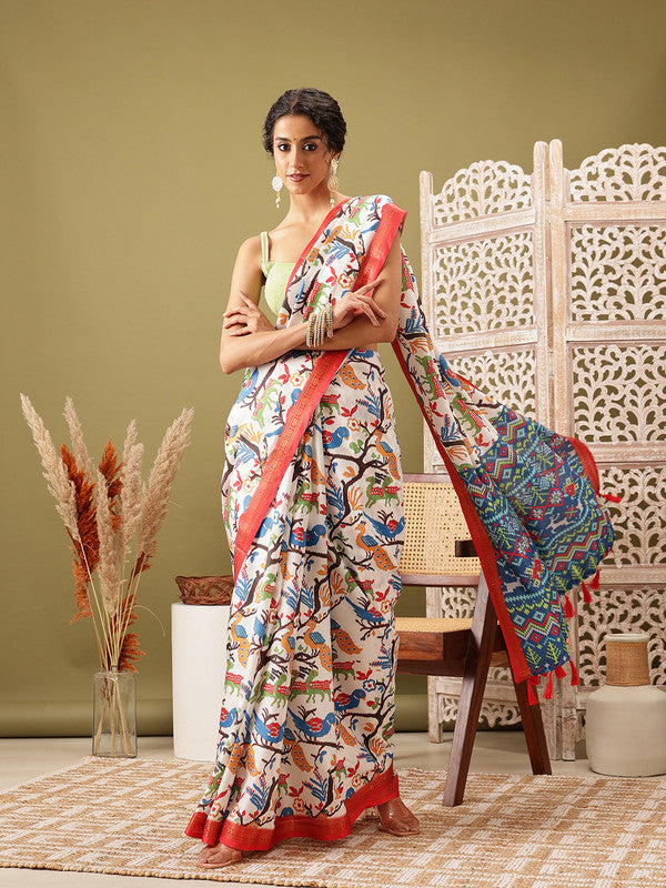 White Silk Blend Digital Print Ikkat Saree with Unstitched Blouse - Hiral Fashion | Grocsy