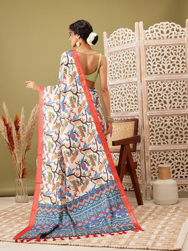 White Silk Blend Digital Print Ikkat Saree with Unstitched Blouse - Hiral Fashion | Grocsy