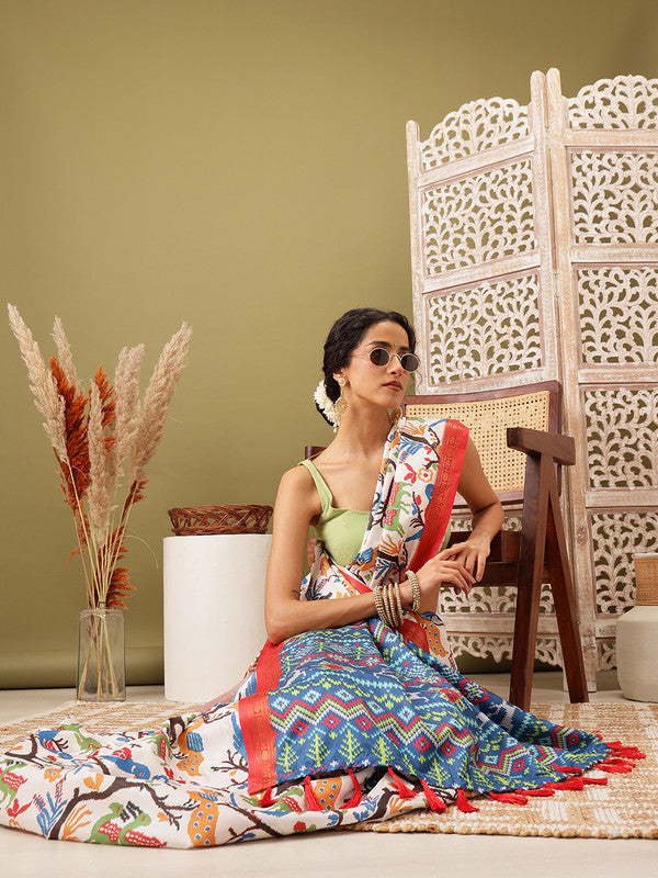 White Silk Blend Digital Print Ikkat Saree with Unstitched Blouse - Hiral Fashion | Grocsy