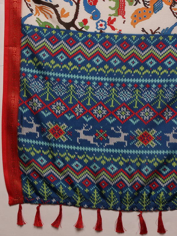 White Silk Blend Digital Print Ikkat Saree with Unstitched Blouse - Hiral Fashion | Grocsy