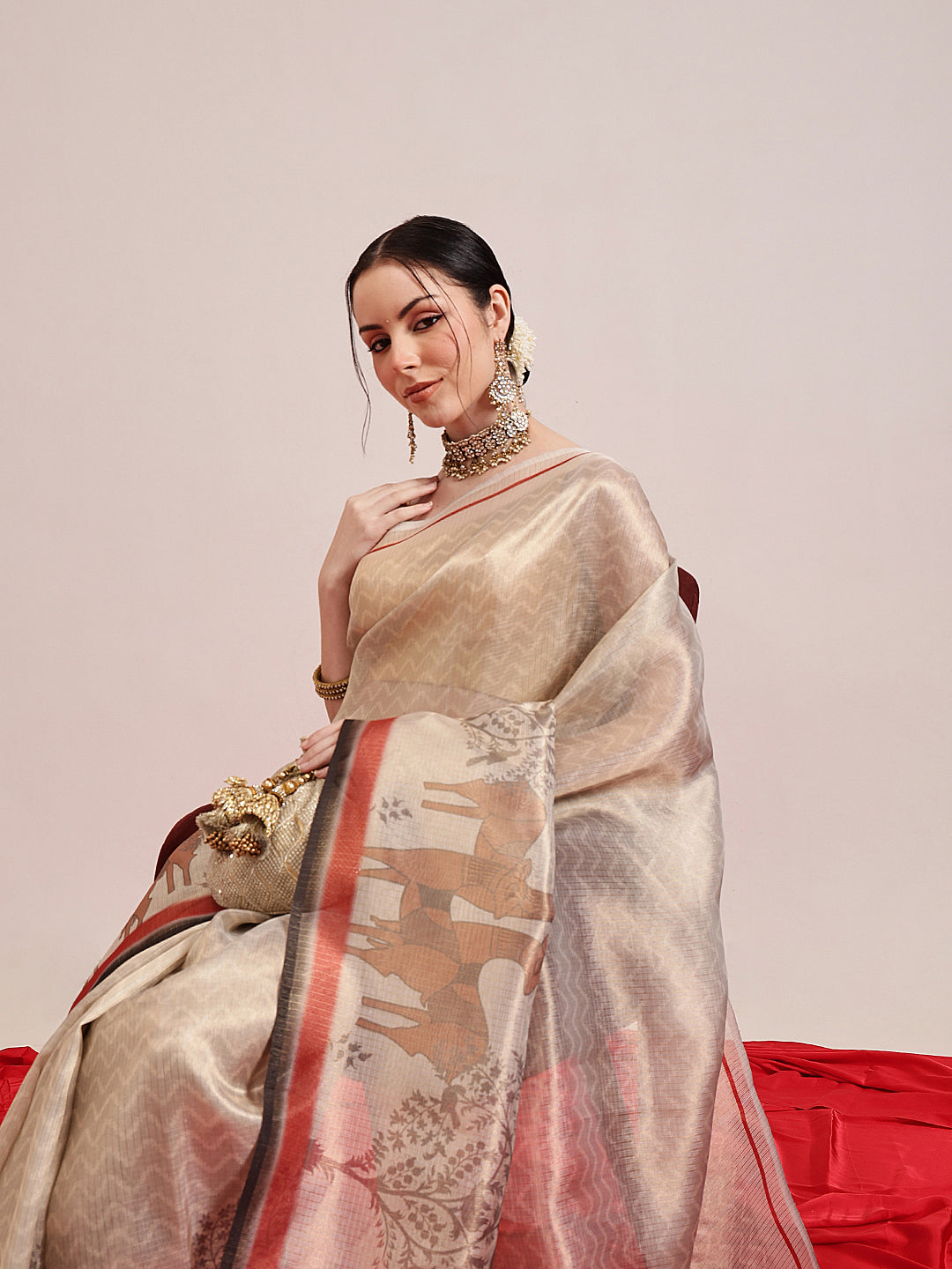 Hiral Fashion Beige Banarasi Cotton Silk Pichwai Digital Printed Saree | Grocsy