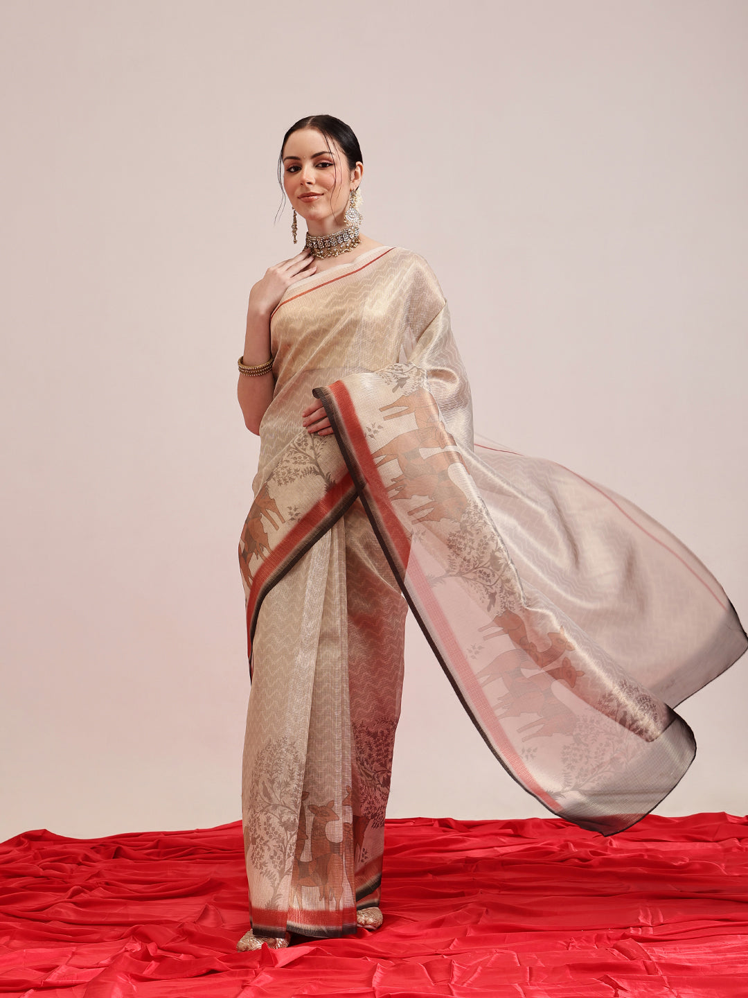 Hiral Fashion Beige Banarasi Cotton Silk Pichwai Digital Printed Saree | Grocsy
