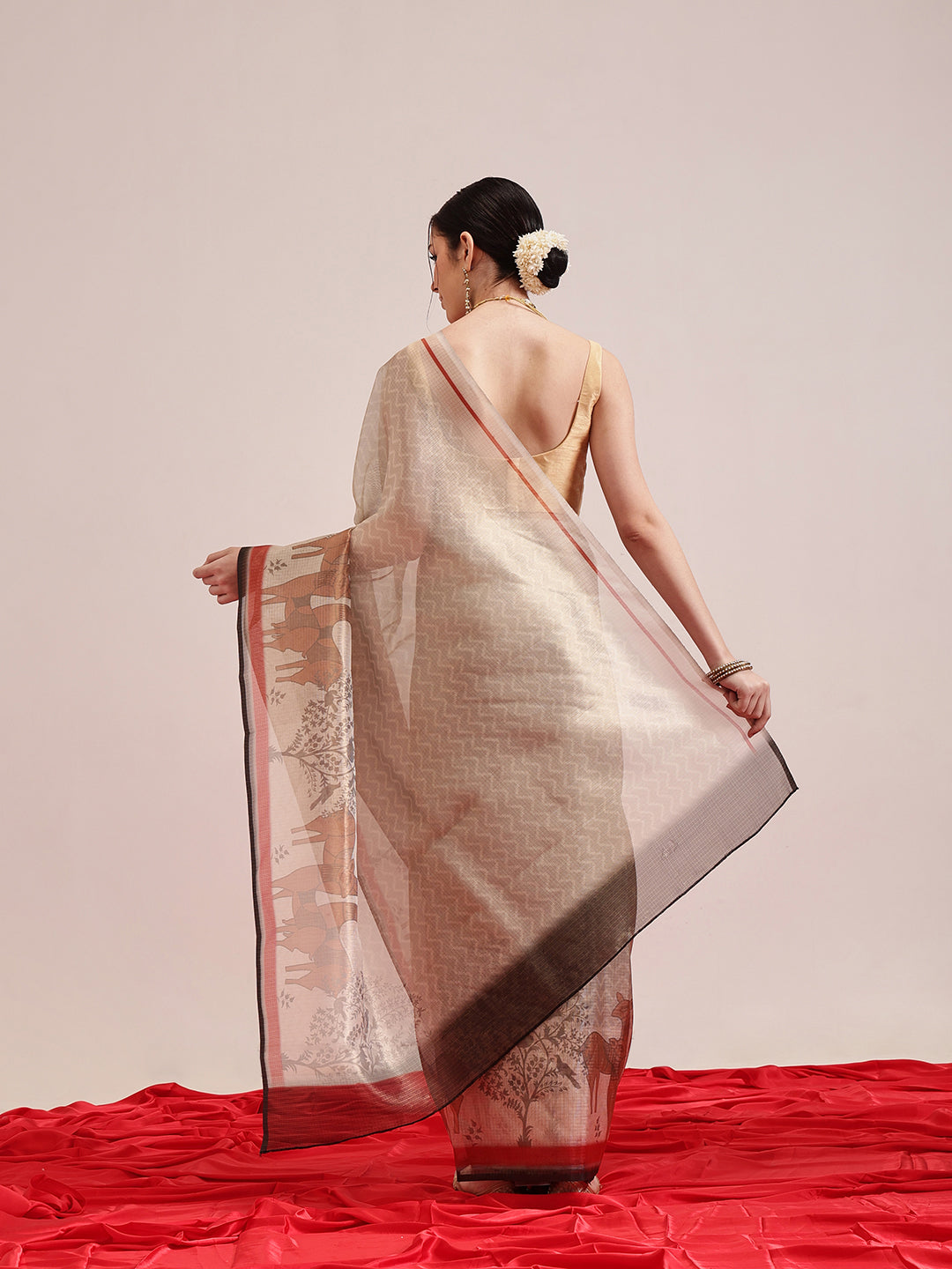 Hiral Fashion Beige Banarasi Cotton Silk Pichwai Digital Printed Saree | Grocsy