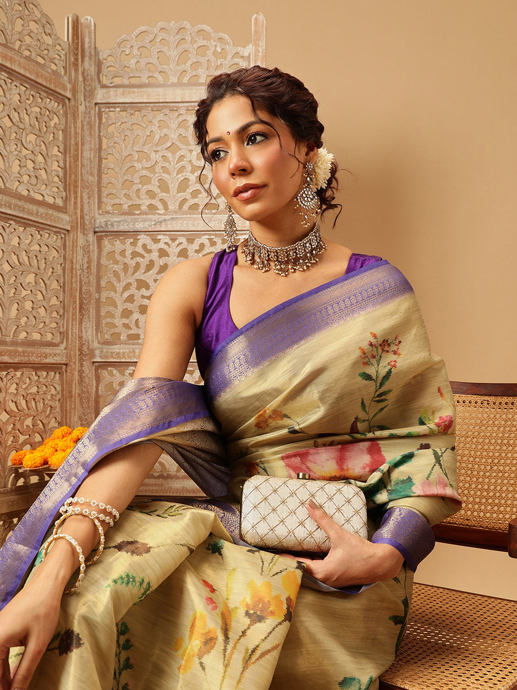 Hiral Fashion Beige Banarasi Tissue Silk Floral Digital Printed Saree | Grocsy