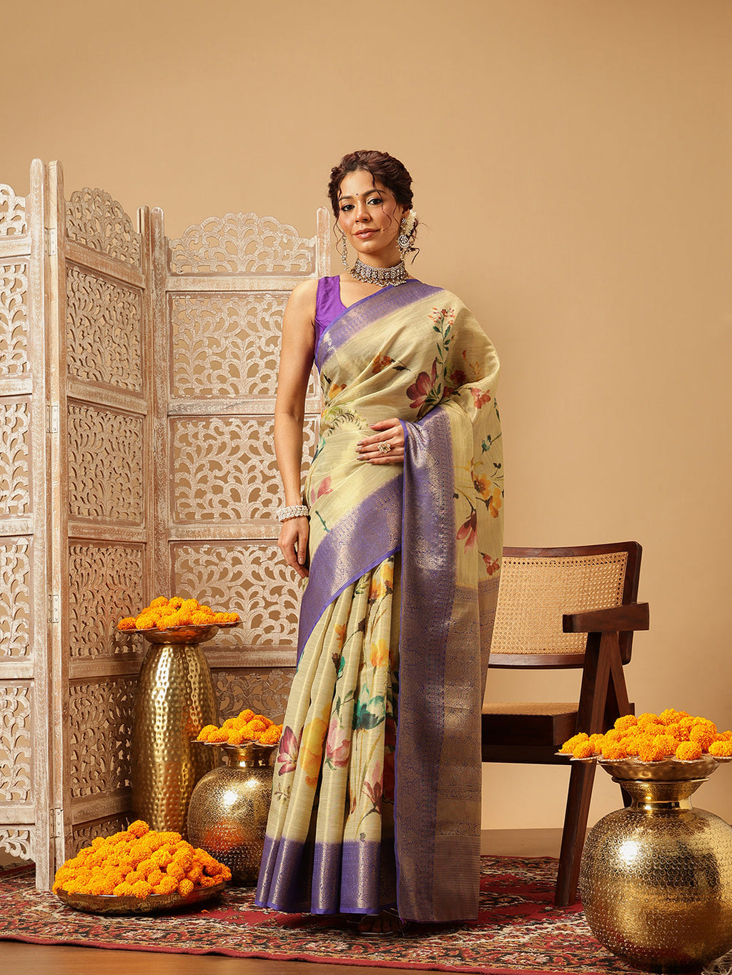 Hiral Fashion Beige Banarasi Tissue Silk Floral Digital Printed Saree | Grocsy